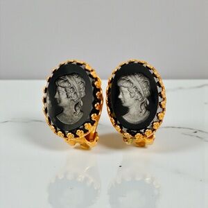 Vintage Gold Tone and Black Cameo Earrings